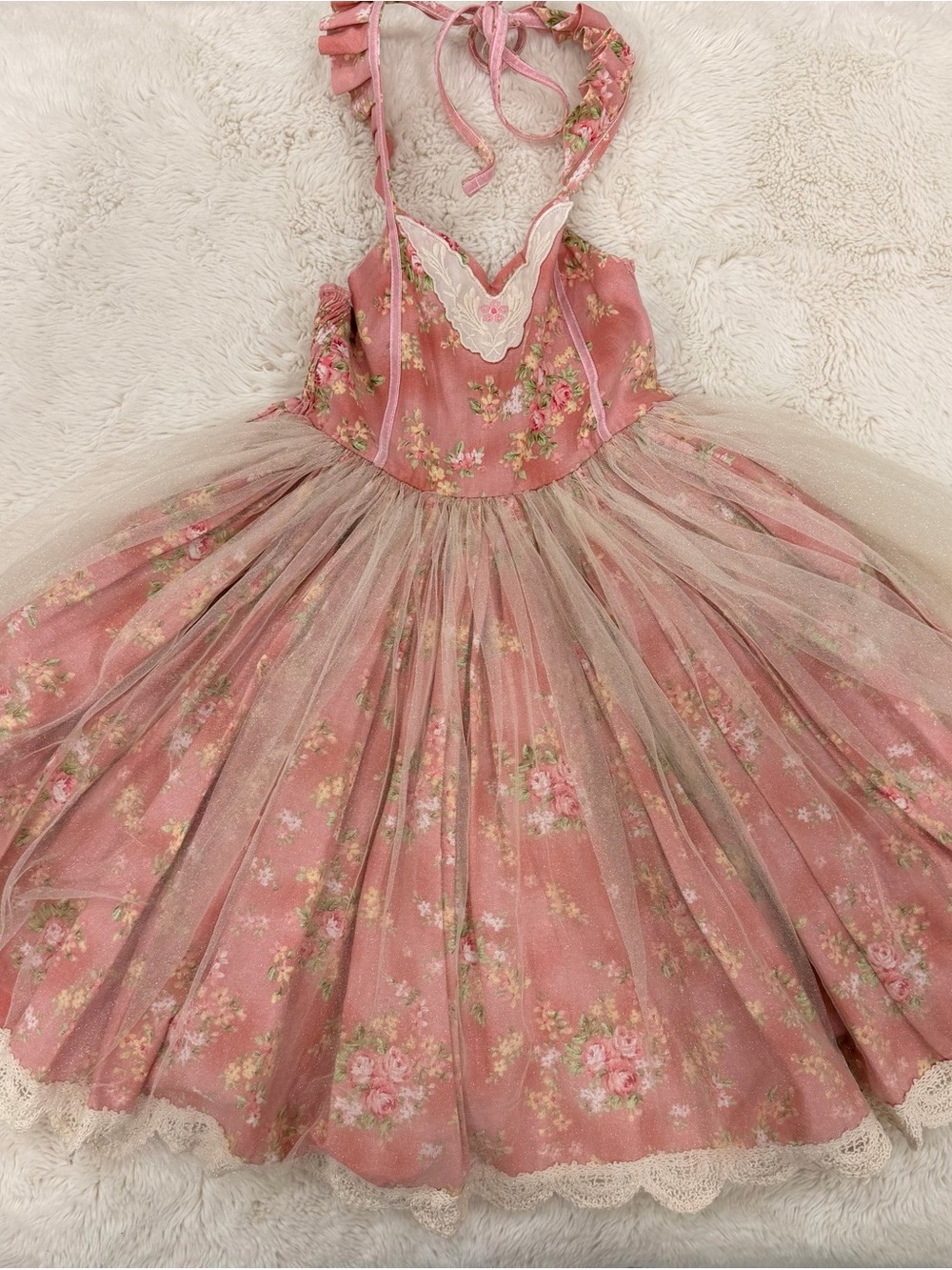 Dollcake Pink Floral Tulle Dress with Cream Lace Trim